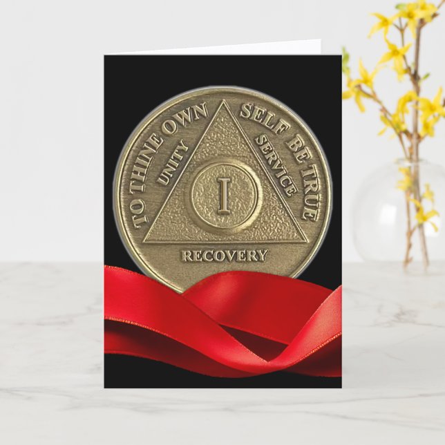 1 Year Happy Anniversary Sober Coin Red Ribbon Card (Yellow Flower)