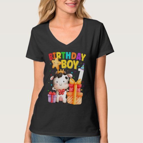 1 Year Old Birthday Boy 1st Cow Farm Animals Birth T_Shirt