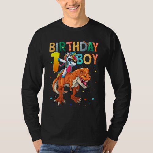 1 Year Old Birthday Boy Dabbing Unicorn Riding Din T_Shirt