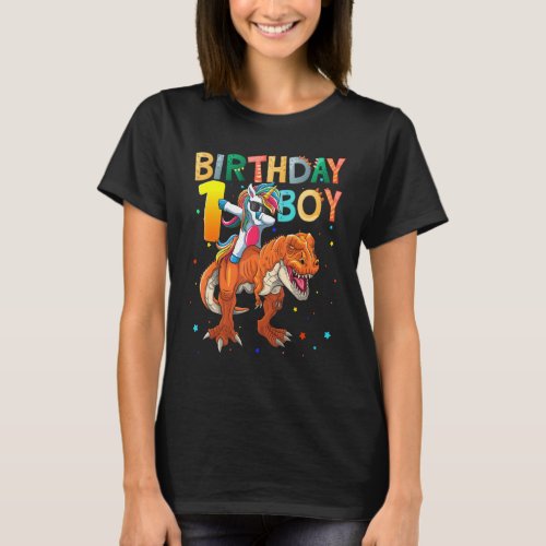 1 Year Old Birthday Boy Dabbing Unicorn Riding Din T_Shirt