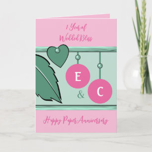 1 year paper anniversary initials green pink card