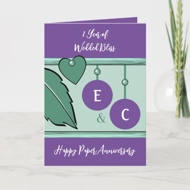 1 year paper anniversary initials green purple card (Front)