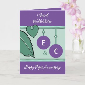 1 year paper anniversary initials green purple