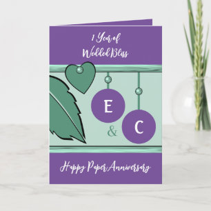 1 year paper anniversary initials green purple card