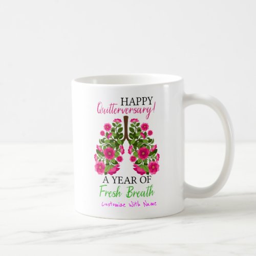 1 Year Smoke Free Quote with Magenta Floral Lungs Coffee Mug