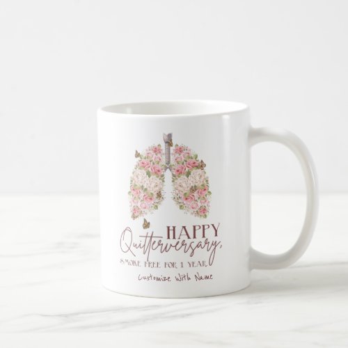 1 Year Smoke Free Quote with Pink Floral Lungs Coffee Mug