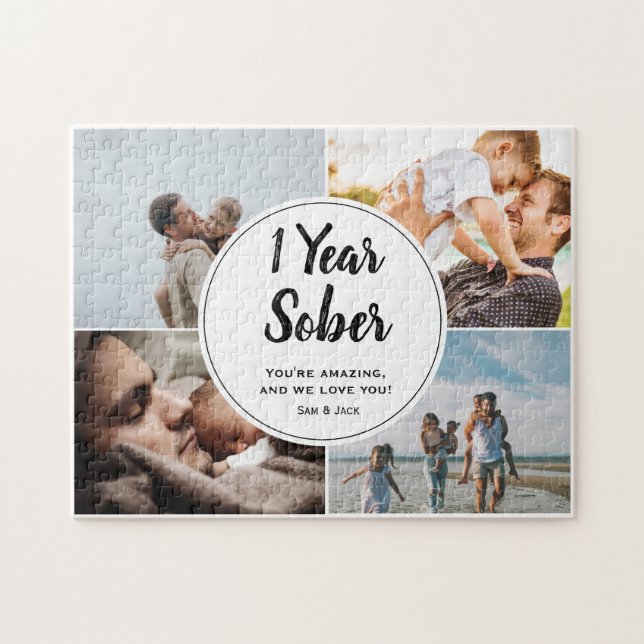 1 Year Sober, 4 Photo Collage, Custom Name Jigsaw Puzzle (Horizontal)