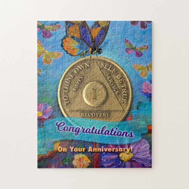 1 Year Sober Anniversary Coin Butterflies Flowers Jigsaw Puzzle (Vertical)