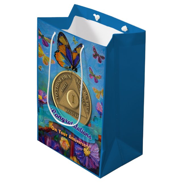 1 Year Sober Anniversary Coin Butterflies Flowers Medium Gift Bag (Front Angled)