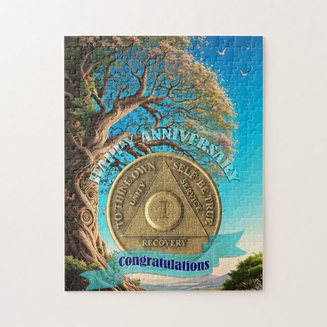 1 Year Sober Anniversary Coin Tree of Life Jigsaw Puzzle (Vertical)