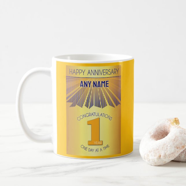 1 Year Sober Anniversary | Golden Ray 12 Step Coffee Mug (With Donut)