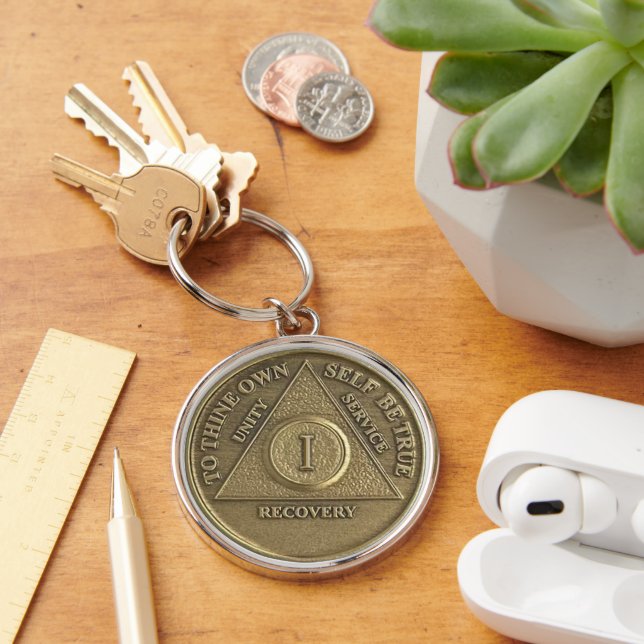 1 Year Sober Anniversary Medallion Gift Keychain (Desk)