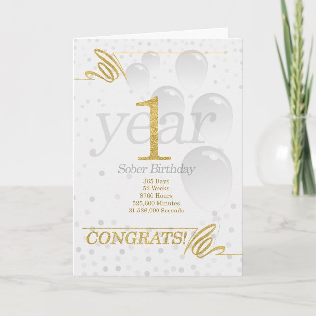 1 Year Sober Birthday Faux Gold Glitter Card (Front)