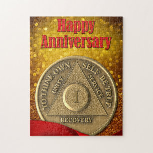 1 Year Sober Coin Glitter Happy Anniversary Jigsaw Puzzle
