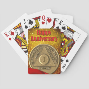 1 Year Sober Coin Glitter Happy Anniversary Poker Cards