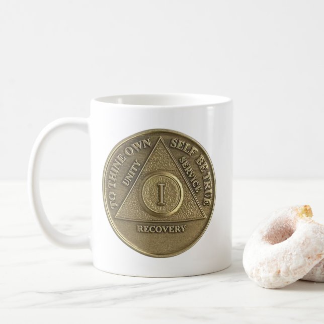 1 Year Sober Medallion Coin Happy Anniversary Coffee Mug (With Donut)