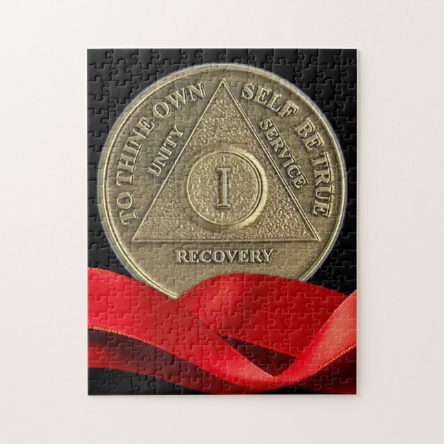 1 Year Sober Recovery Anniversary Coin Red Ribbon Jigsaw Puzzle (Vertical)
