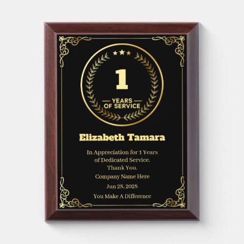 1 Year Work Anniversary  Employee Appreciation Award Plaque