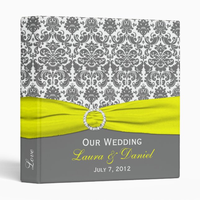 1" Yellow, Gray, and White Damask Wedding Binder (Front/Spine)