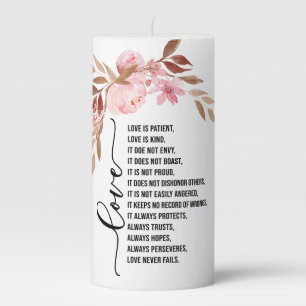 1Corinthians 13 Love is Patient Pink Floral Pillar Candle