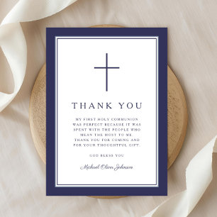 1Elegant Navy Blue Cross Boy First Communion Thank You Card