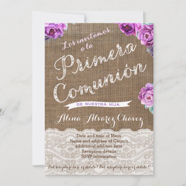 1era Comunión invites in Spanish, burlap lavender (Front)