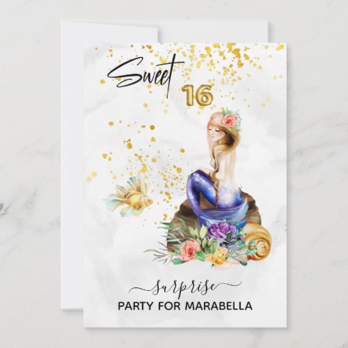 *~* 1Mermaid 6 SWEET SIXTEEN  Floral Blue Birthday Invitation