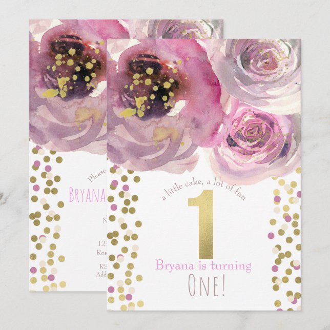 1st 1 Birthday Party Pink & Gold Modern Floral Invitation (Front/Back)