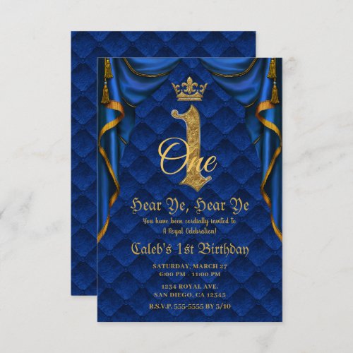 1st 1 ONE Birthday Party Royal Blue Gold Crown   Invitation