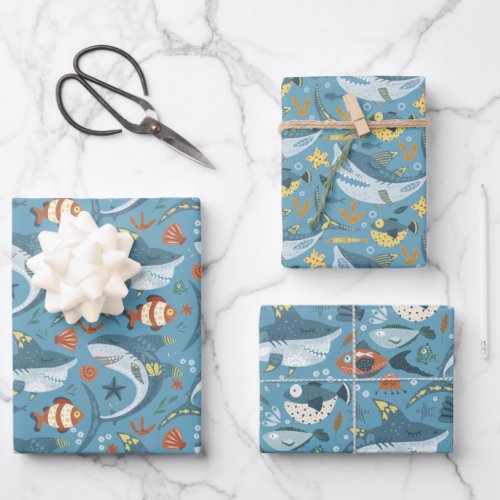 1st 2nd 3rd Birthday Baby Shark Ocean Sea Boys Wrapping Paper Sheets