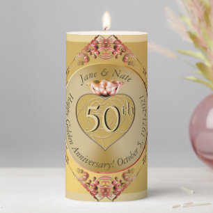 1st/50th Golden Ochre Wedding Anniversary Pillar Candle