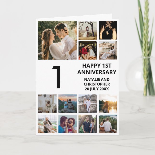 1st Anniversary 13 Photo Collage Black and White Card (Front)