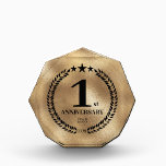 1st Anniversary Business Logo Gold Acrylic Award<br><div class="desc">Gold foil style 1st anniversary acrylic award plaque with a business logo. Commemorative design with a laurel branch and stars. The logo can be changed for text by clicking the button to edit the design.</div>