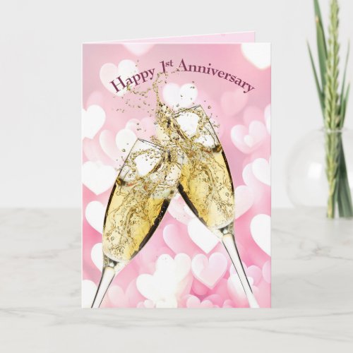 1st Anniversary Champagne Toast On Hearts Card