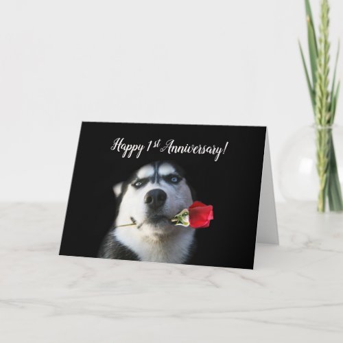 1st Anniversary Cute Husky and Rose Love Holiday Card