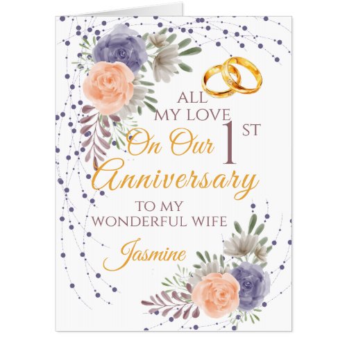 1st Anniversary Floral Peony Rose Wife Jumbo Card
