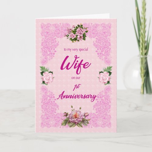 1st Anniversary for Wife with Pink Roses Card