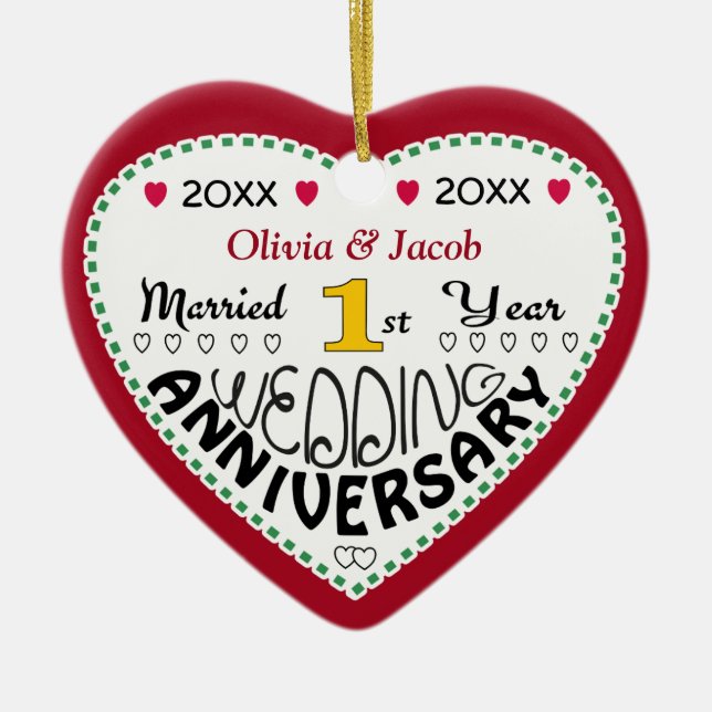 1st Anniversary Gift Heart Shaped Christmas Ceramic Ornament (Front)