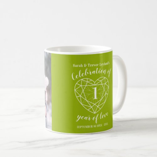 1st anniversary green peridot heart custom photo coffee mug