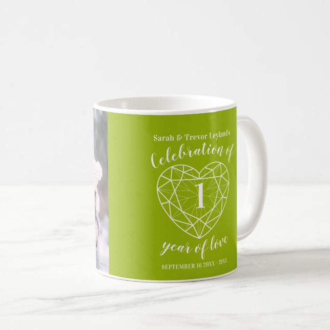 1st anniversary green peridot heart custom photo coffee mug (Front Right)