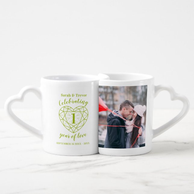 1st anniversary green periodot heart custom photo  coffee mug set (Front Nesting)