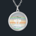 1st Anniversary Paper Hearts Silver Plated Necklace<br><div class="desc">Necklace with my artwork of two paper-looking hearts floating on the water under a rainbow. Customizable text says "1 Year".</div>