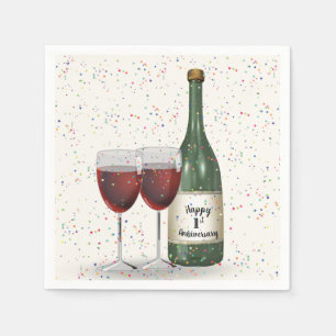 1st Anniversary Party Wine Bottle and Two Glasses Napkins