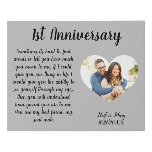 1st Anniversary Photo Heart Stretched Canvas Print