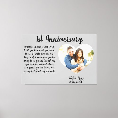 1st Anniversary Photo Heart Stretched Canvas Print