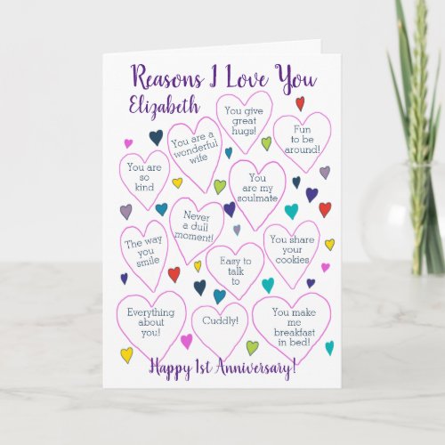 1st Anniversary Reasons I Love You Personalized Card