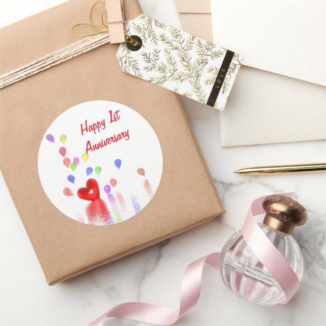 1st Anniversary Red Heart and Balloons Classic Round Sticker (Gifting)
