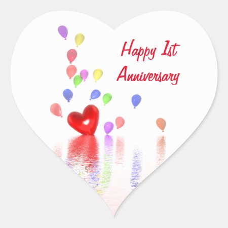 1st Anniversary Red Heart And Balloons Heart Sticker