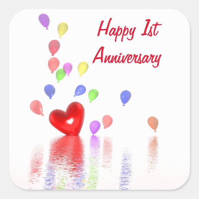 1st Anniversary Red Heart and Balloons Square Sticker (Front)