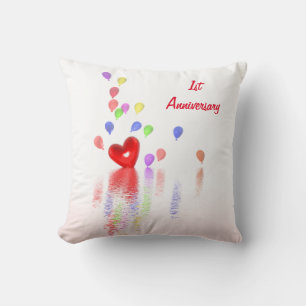 1st Anniversary Red Heart and Balloons Throw Pillow